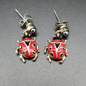 Enamel and Rhinstone Ladybug Earings Signed LP